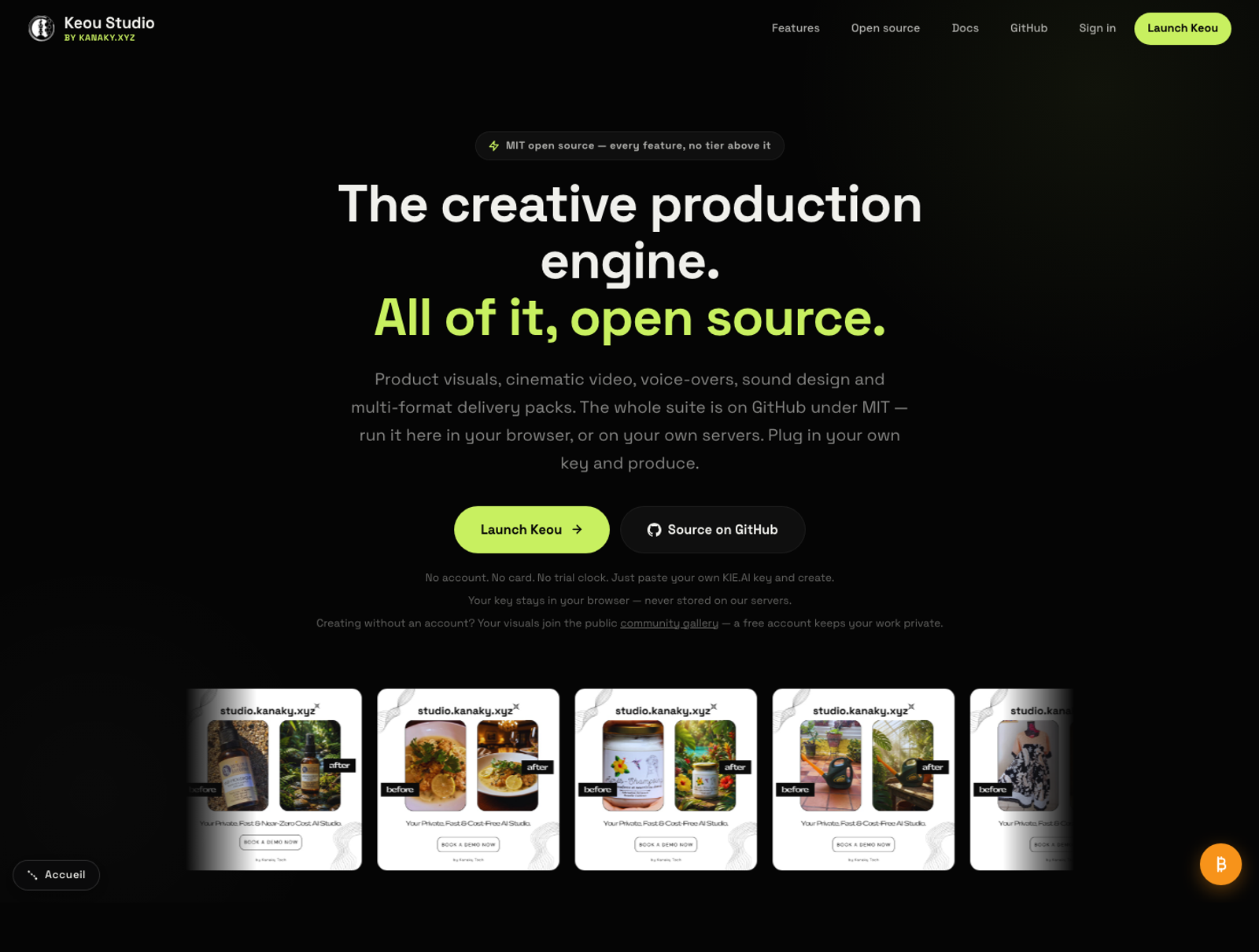 The Keou production engine: key bar, upload area and live activity log